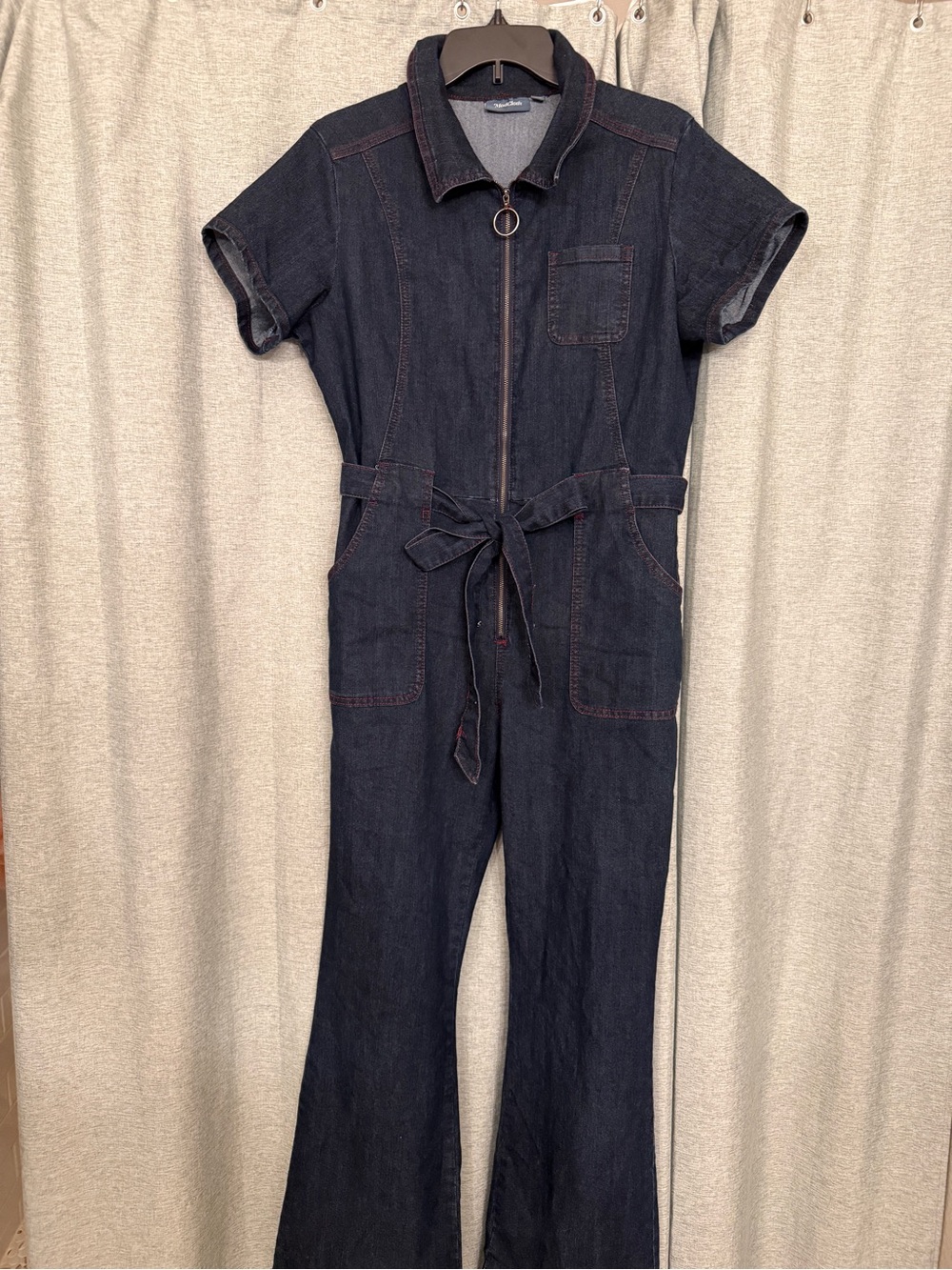 Modcloth Dark Blue Short-Sleeve Denim Jumpsuit with Tie Waist